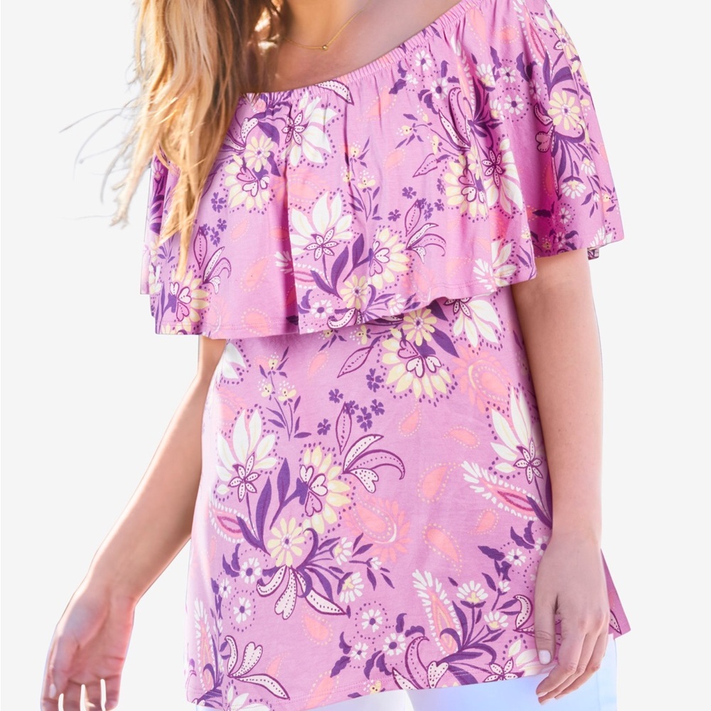 New woman within off shoulder ruffle floral orchid tee 2x. A-45